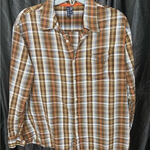 Eddie Bauer Men’s XL Plaid Button Front Shirt Brown Orange Long Sleeve Casual